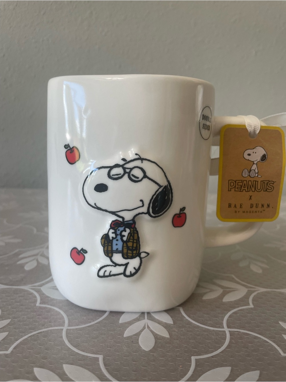 Rae Dunn X Peanuts Snoopy Apple Ceramic Mug NWT Double-Sided #1 Teacher